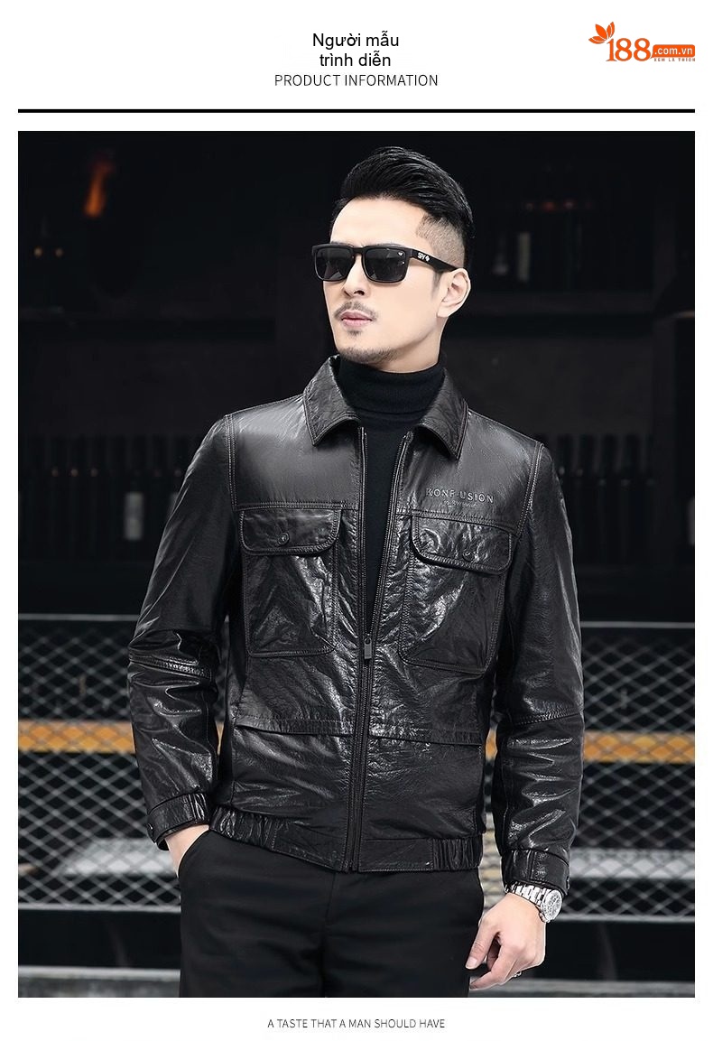 Áo Khoác Da Bò Nam Cổ Lông Lót Lông Dày Dặn Màu Đen chi tiết 4