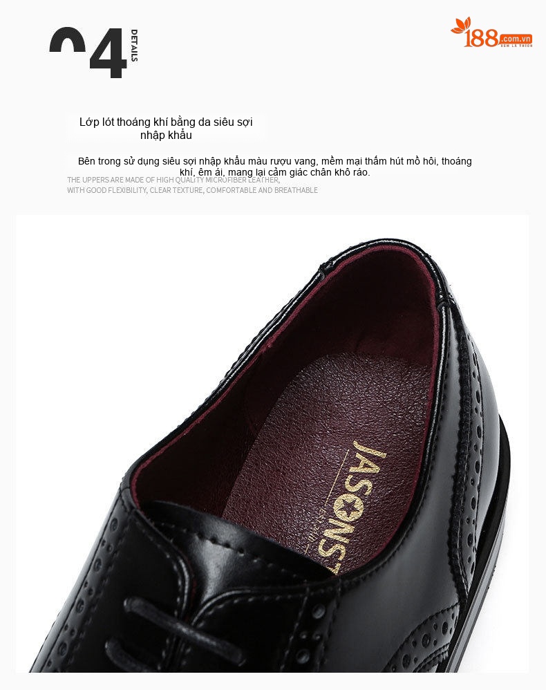 Giày Tây Buộc Dây Nam Da Thật Brogue Chiều Cao Đế Khoảng 3cm Màu Đen, Nâu chi tiết 10