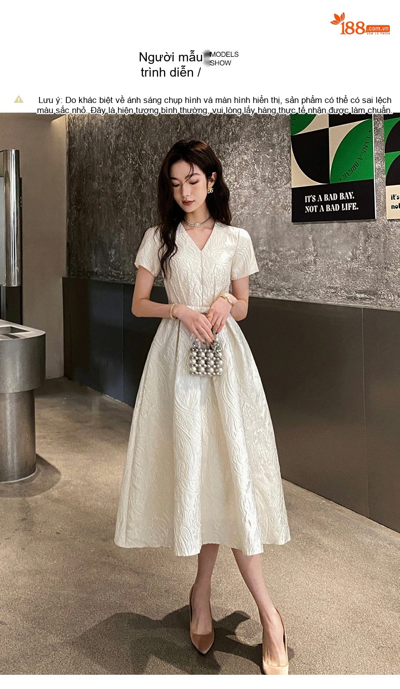 Váy Dạ Hội Nữ Tay Ngắn Dáng Xòe Tiểu Thư Phong Cách Pháp Màu Trắng Kem chi tiết 8