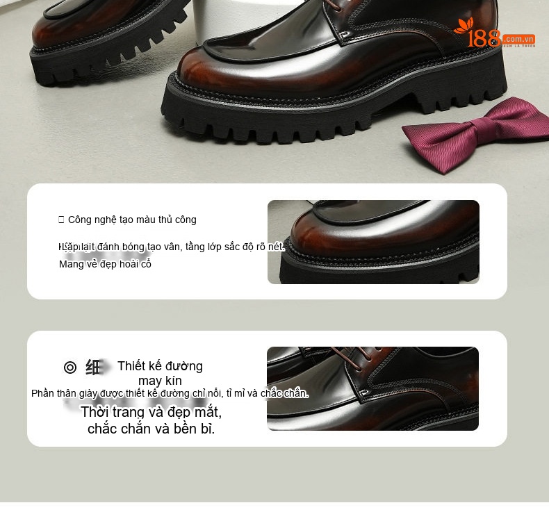 Giày Tây Buộc Dây Nam Da Bóng Đế Cao Khoảng 5cm Phong Cách Anh Quốc Màu Đen, Nâu chi tiết 6
