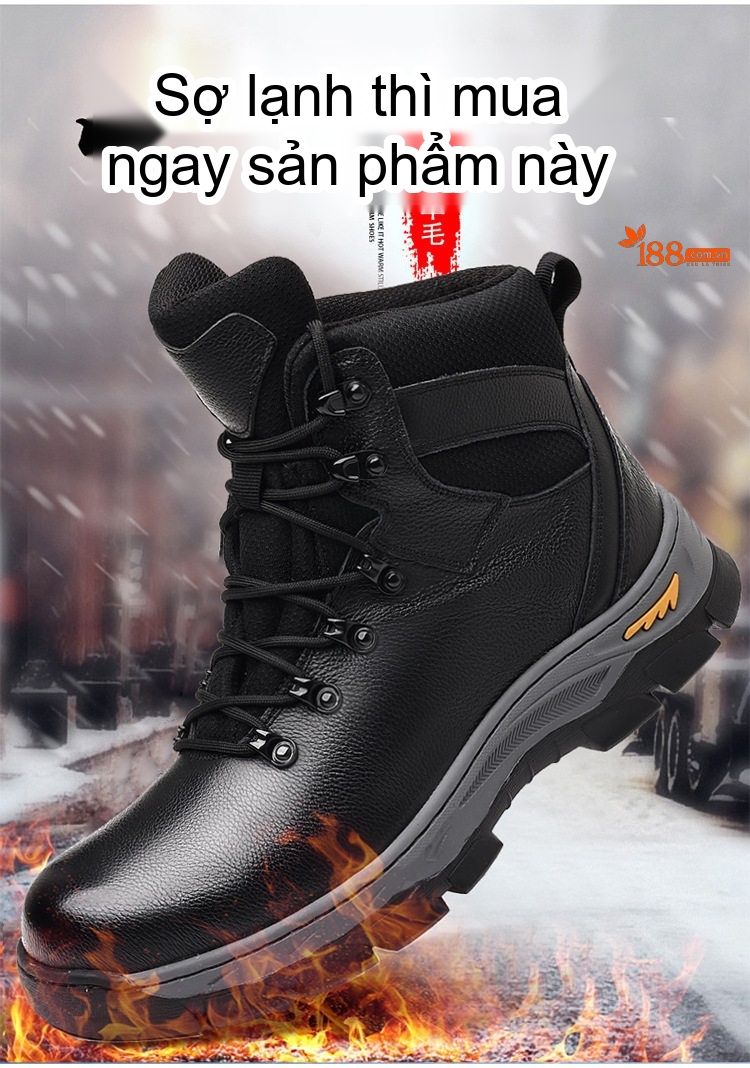 Giày Boot Nam Cao Cổ Da Thật Lót Lông Giữ Ấm Chiều Cao Đế Khoảng 4cm Màu Đen chi tiết 3