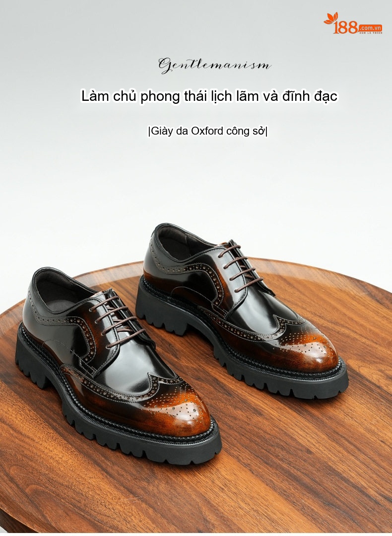 Giày Tây Buộc Dây Nam Da Bóng Chiều Cao Đế Khoảng 4cm Kiểu dáng Brogue Màu Đen, Nâu chi tiết 1