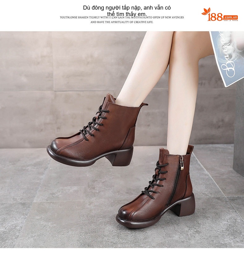 Boot Martin Nữ Da Bò Cổ Ngắn Gót Vuông Chiều Cao Đế Khoảng 5cm Màu Nâu, Đen chi tiết 13