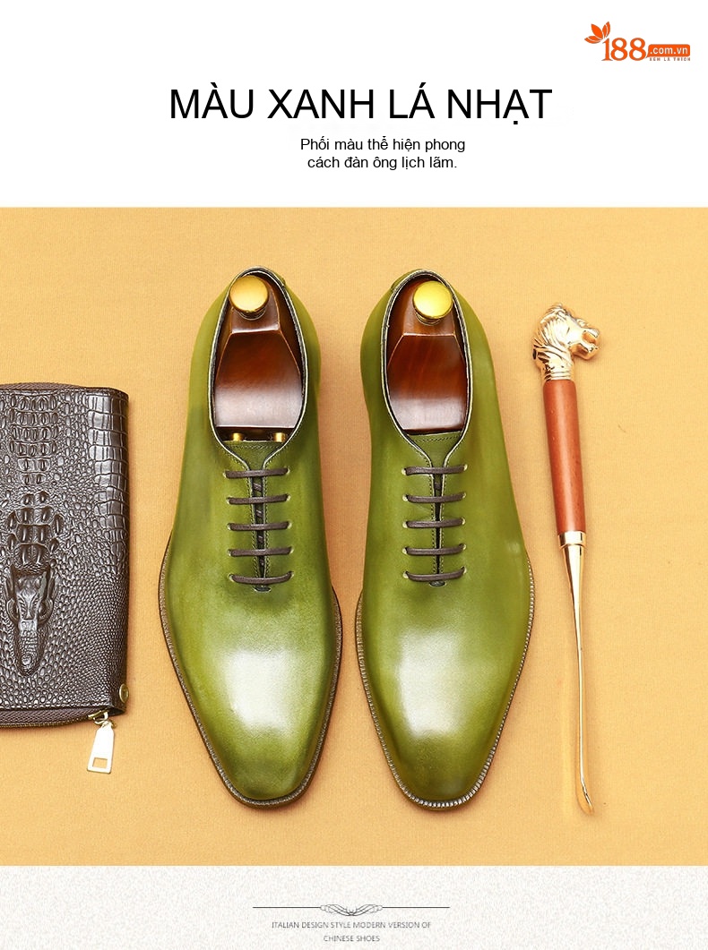 Giày Tây Oxford Buộc Dây Nam Da Bò Chiều Cao Đế Khoảng 3cm Màu Xanh Lá, Vàng Be chi tiết 11