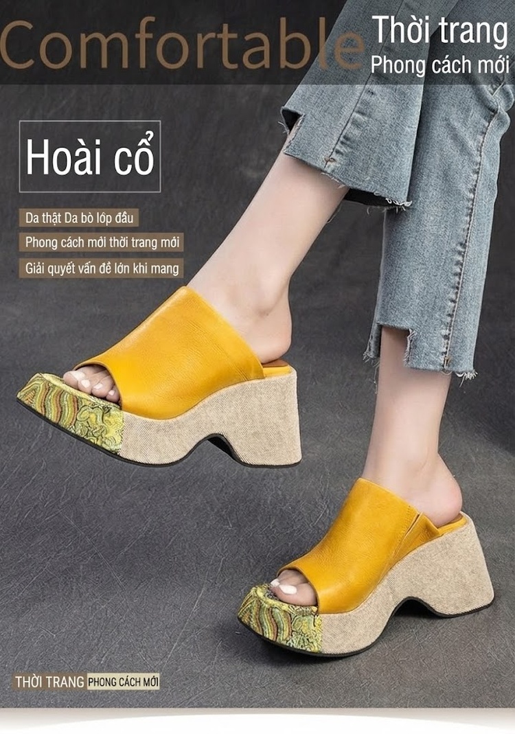 Dép Sục Nữ Hở Mũi Đế Xuồng Phong Cách Quốc Dân Chiều Cao Đế Khoảng 6cm Màu Đen, Vàng, Hồng chi tiết 1