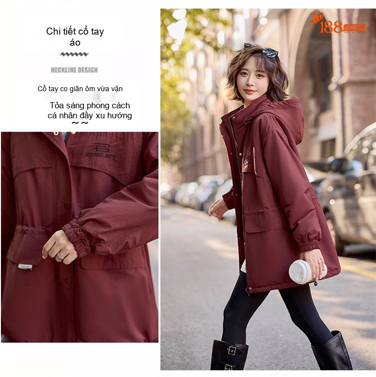 Áo Khoác Parka Nữ Cotton Lót Lông Dày Dặn Dáng Dài Giữ Ấm Màu Đỏ Ancola, Nâu, Đen chi tiết 8