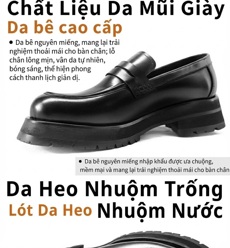 Giày Lười Nam Da Thật Đế Dày Chiều Cao Đế Khoảng 5cm Màu Đen chi tiết 4