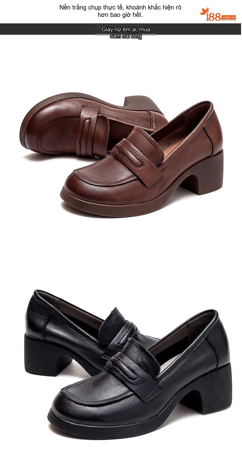 Giày Loafer Nữ Da Bò Cao Gót Chiều Cao Đế Khoảng 5cm Màu Nâu, Đen chi tiết 14