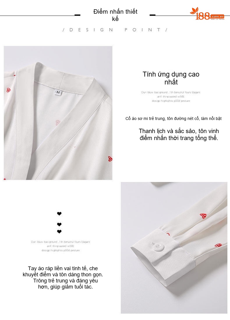 Áo Sơ Mi Nữ Cổ Trụ Tay Dài Màu Trắng Họa Tiết chi tiết 5