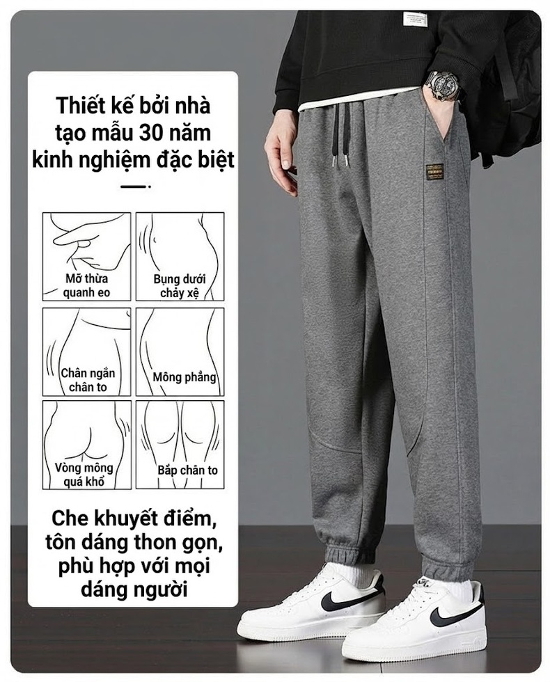 Quần Jogger Nam Ống Bo Chun Thu Đông Dáng Rộng Phong Cách Hàn Quốc Màu Đen, Xám, Xanh Navy chi tiết 5