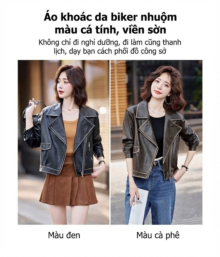 Áo Khoác Da Nữ Dáng Ngắn Phong Cách Moto Thời Trang Màu Đen, Nâu chi tiết 6