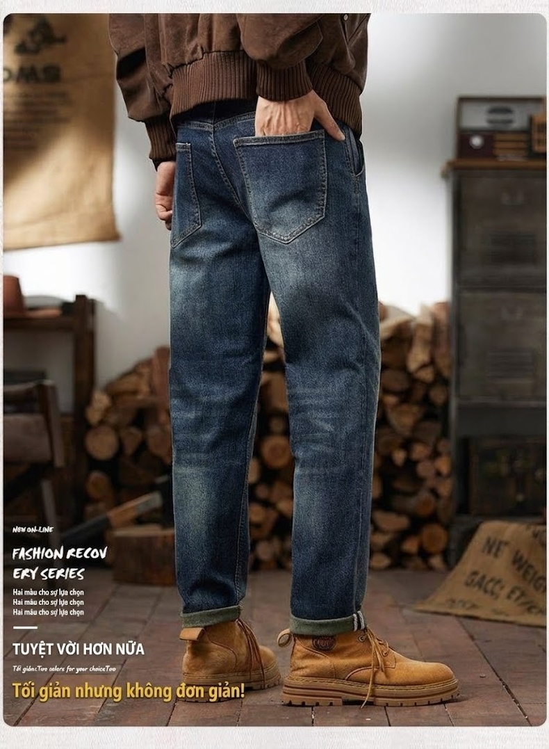Quần Jean Nam Cotton Dáng Ôm Vừa Vặn Màu Xanh Denim chi tiết 14
