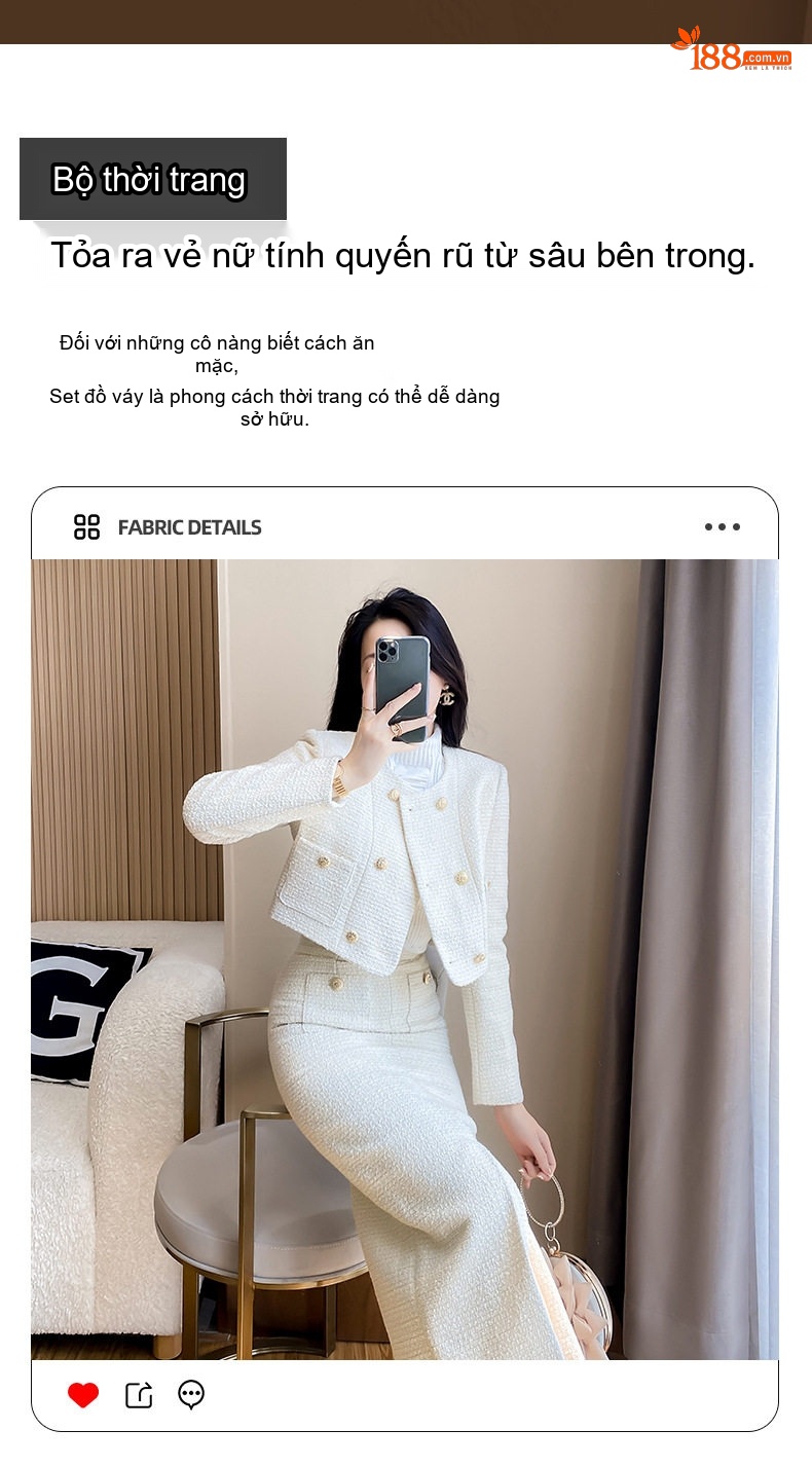 Bộ Set Áo Khoác Lửng và Chân Váy Nữ Vải Tweed Phong Cách Tiểu Thư Thanh Lịch Màu Trắng Kem chi tiết 3