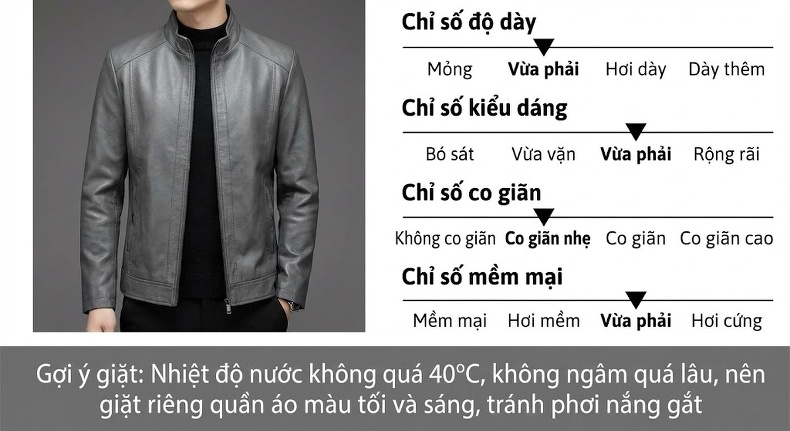 Áo Khoác Da Nam Lót Lông Cừu Cổ Trụ Khóa Kéo Phong Cách Doanh Nhân Màu Đen, Xám chi tiết 6