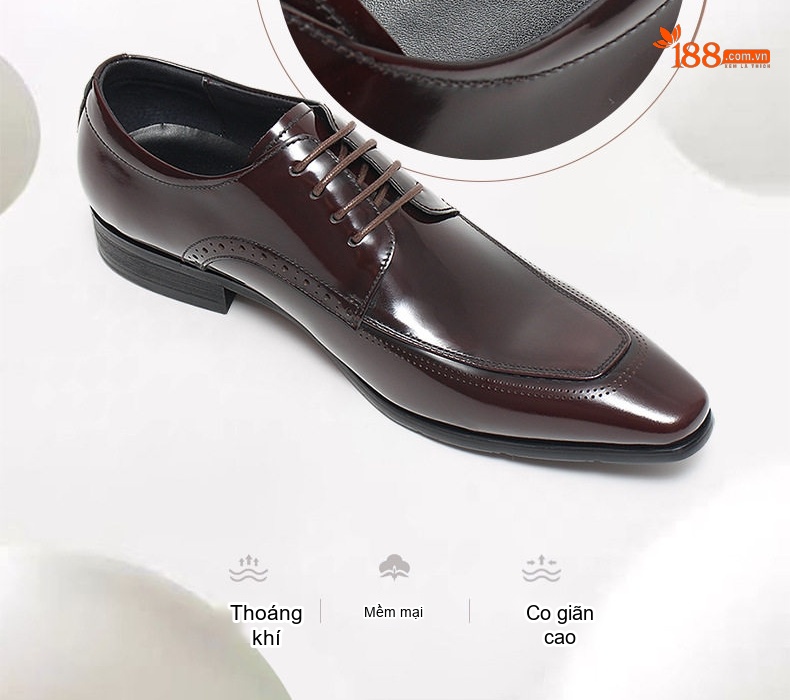 Giày Tây Buộc Dây Nam Da Bóng Chiều Cao Đế Khoảng 3cm Màu Đen, Nâu chi tiết 8