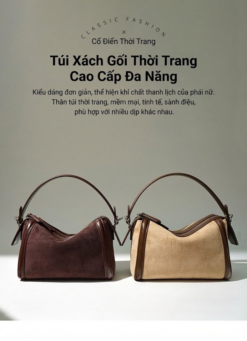 Túi Boston Da Bò Đeo Vai/Đeo Chéo Thiết Kế Tối Giản Màu Nâu, Be chi tiết 1
