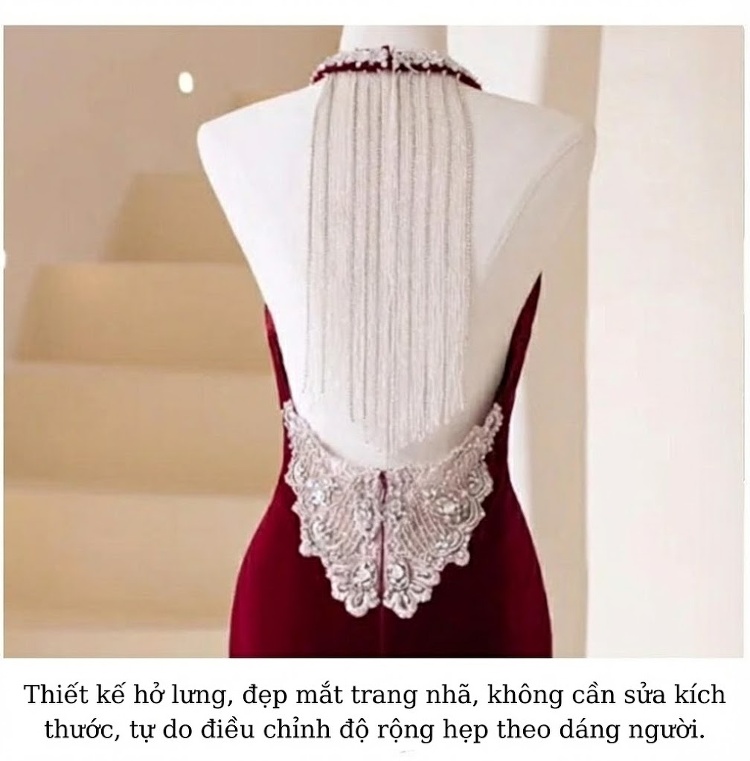 Váy Dạ Hội Nữ Đuôi Cá Hở Lưng Dáng Ôm Màu Đỏ Rượu chi tiết 5