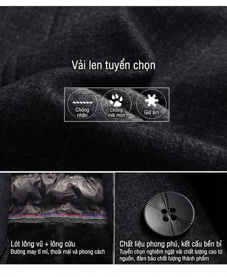 Áo Khoác Dạ Nam Dáng Dài Vừa Lót Lông Dày Dặn Cổ Lông Tháo Rời Màu Xám, Nâu chi tiết 5