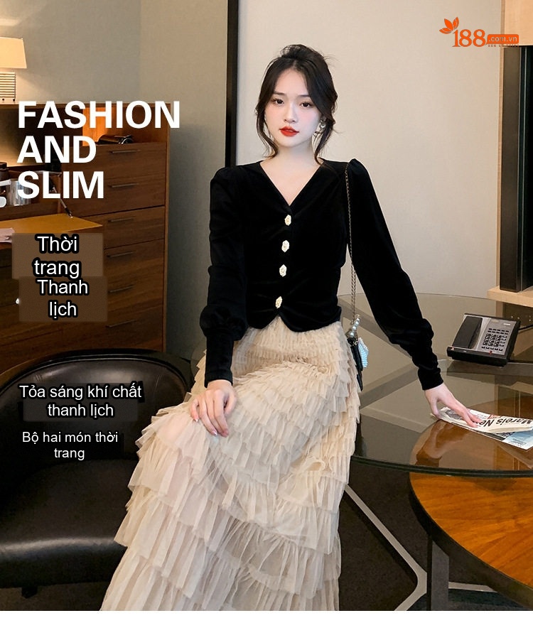 Set Áo Nhung Tay Dài Cổ chữ V Chân Váy Bánh Bèo Dáng Dài Nữ Tính Màu Đen, Kem chi tiết 1