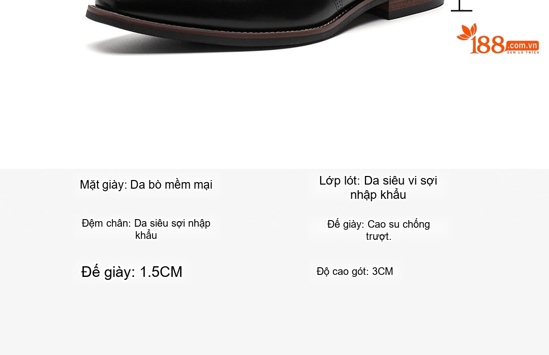 Giày Tây Buộc Dây Nam Da Bò Chiều Cao Đế Khoảng 3cm Màu Đen, Nâu chi tiết 5