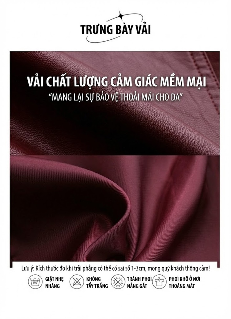 Áo Khoác Bomber Nữ Da PU Dáng Ngắn Thời Trang Màu Đen, Đỏ Rượu chi tiết 19
