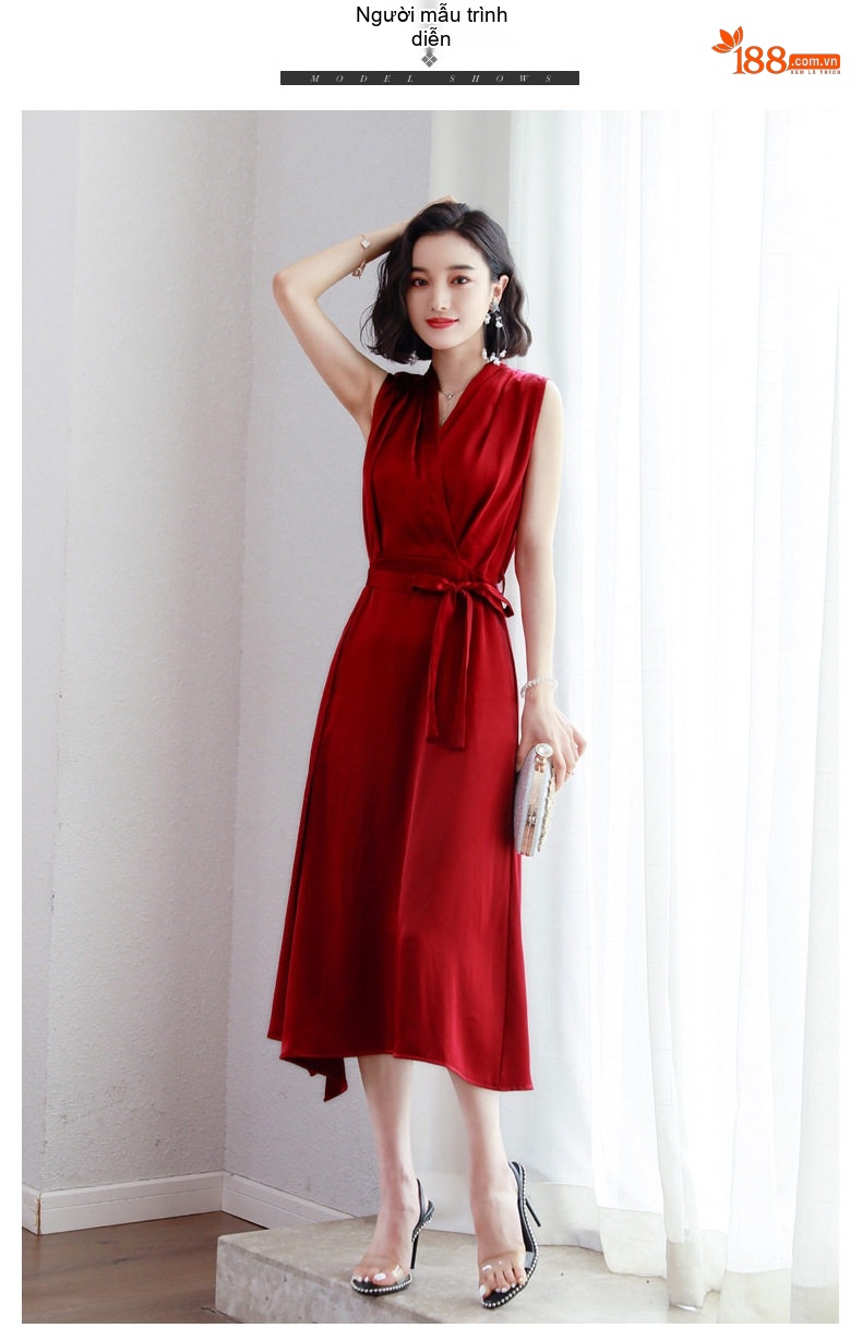 Váy liền thân Nữ Không Tay Cổ chữ V Phong Cách Pháp A Kèm Đai Chất Vải Axetat Cao Cấp Màu Đỏ, Đen chi tiết 8
