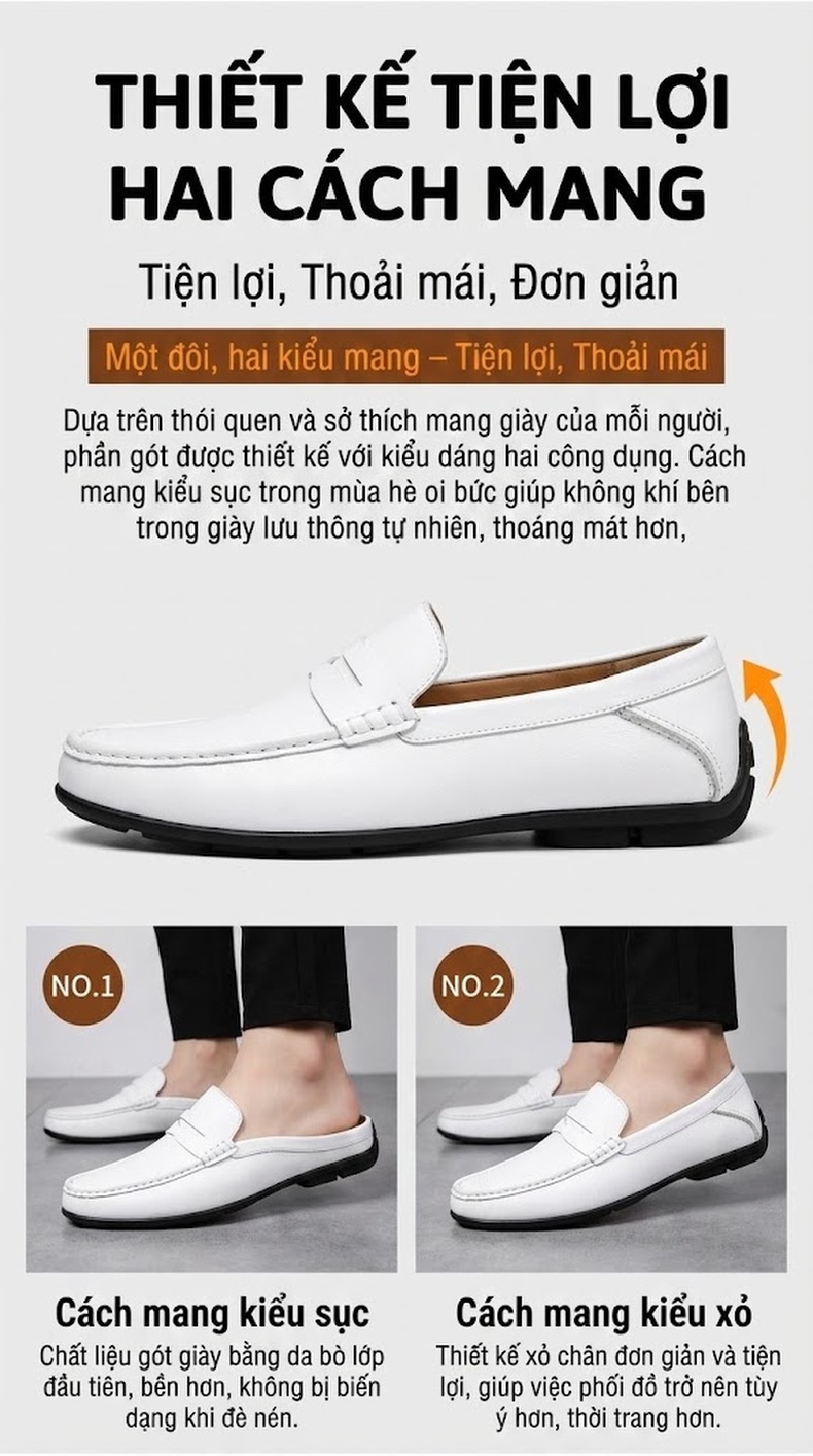 Giày Lười Nam Da Bò Chiều Cao Đế Khoảng 2cm Phong Cách Anh Quốc Màu Đen, Nâu, Trắng, Xanh Navy... chi tiết 8