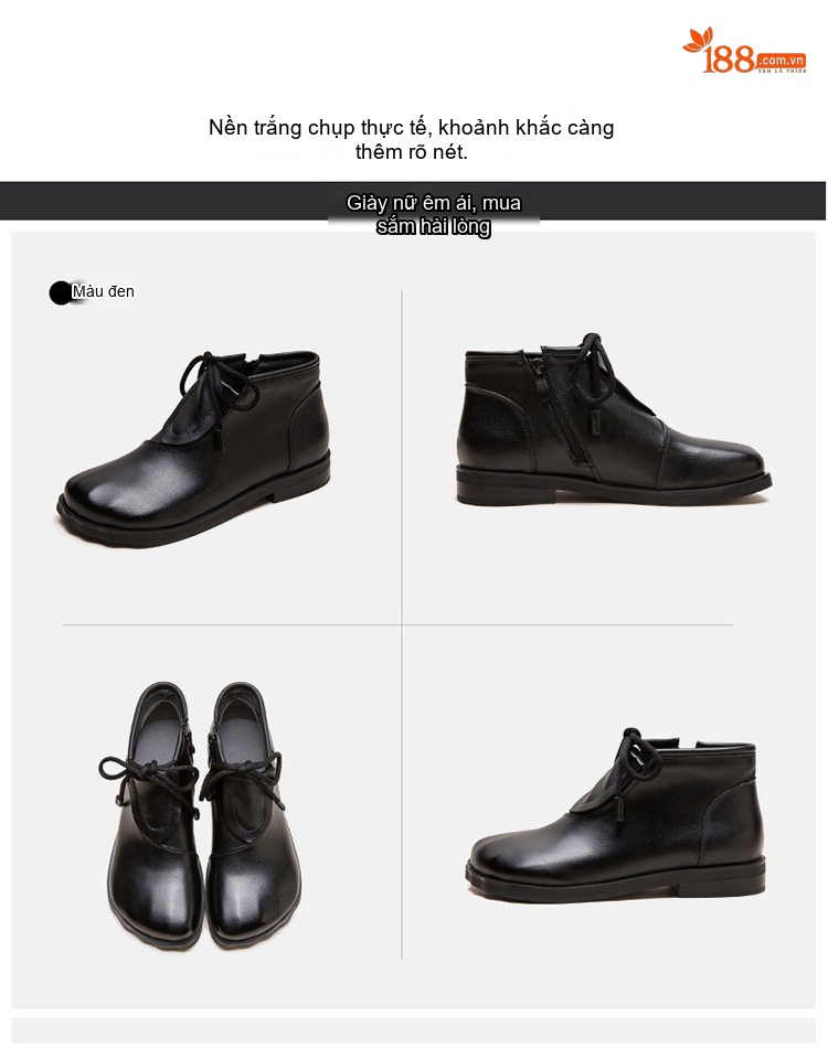 Boot Nữ Cổ Ngắn Da Thật Thắt Dây Chiều Cao Đế Khoảng 2cm Màu Đen, Nâu, Xám chi tiết 17