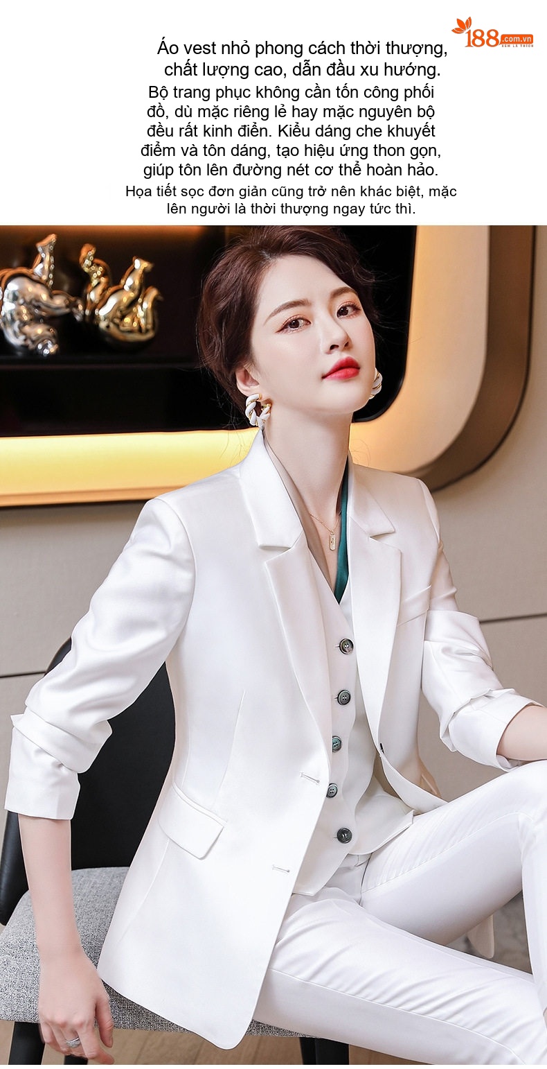 Bộ Vest Nữ Công Sở Áo Khoác Quần Dài và Áo Gile Phong Cách Hàn Quốc Màu Hồng, Xanh Navy, Trắng chi tiết 3