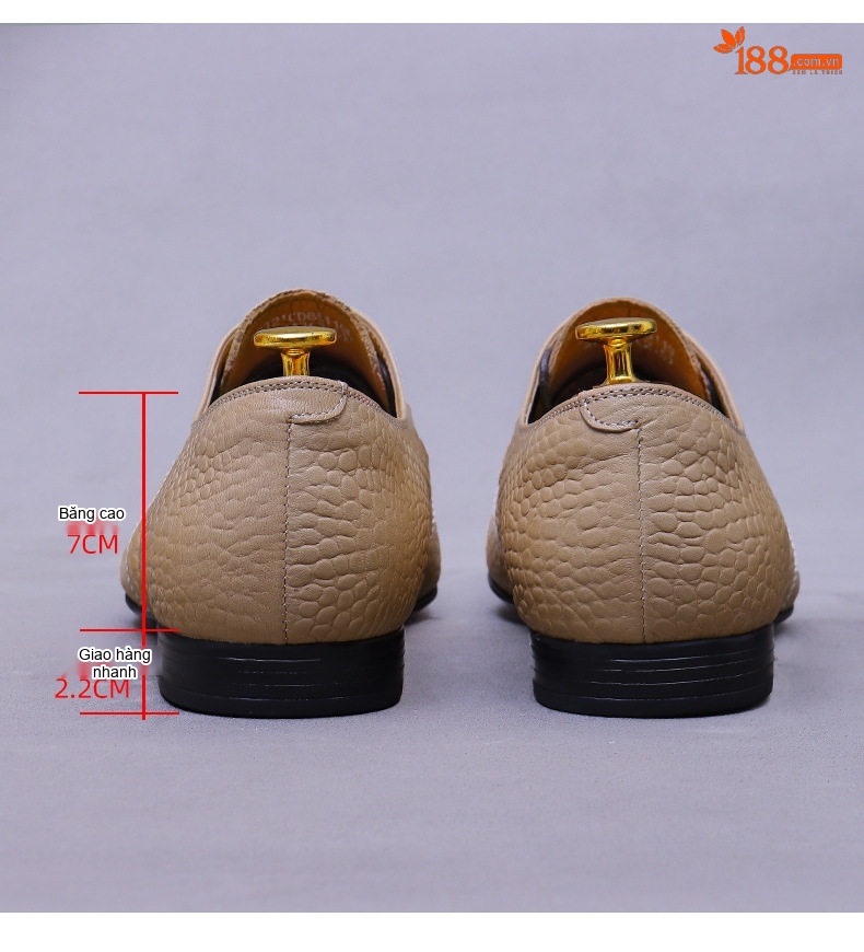 Giày Tây Buộc Dây Nam Da Bò Vân Cá Sấu Chiều Cao Đế Khoảng 3cm Màu Be chi tiết 9
