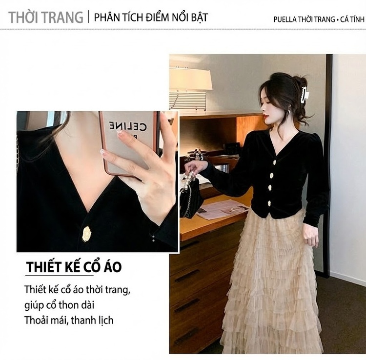 Set Áo Nhung Tay Dài Cổ chữ V Chân Váy Bánh Bèo Dáng Dài Nữ Tính Màu Đen, Kem chi tiết 4