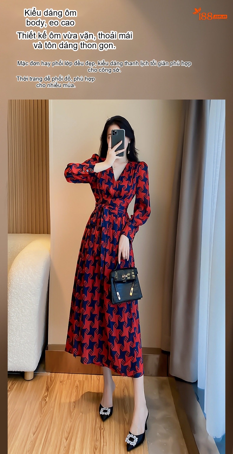 Váy Dài Tay dáng chữ A Chiết Eo Cổ chữ V Chữ A Họa Tiết Màu Đỏ, Xanh Navy chi tiết 1