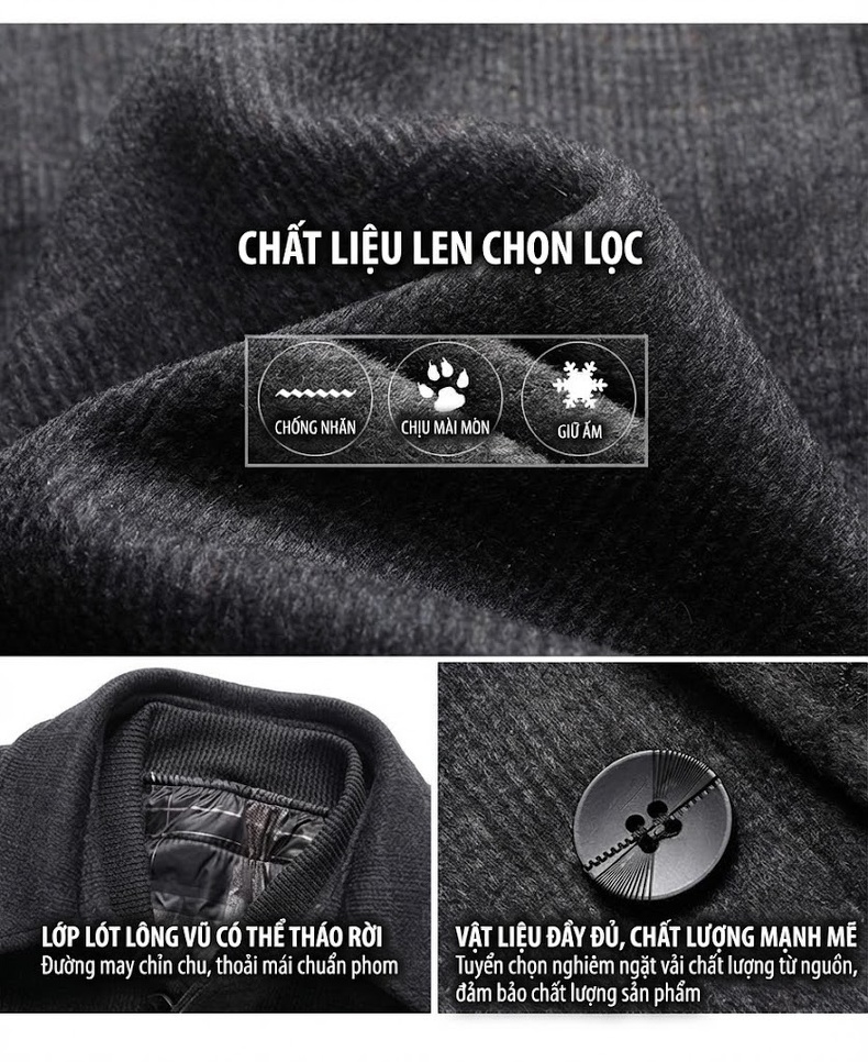 Áo Khoác Dạ Nam Dáng Dài Vừa Kẻ Caro Cổ Bẻ Lót Lông Vũ Tháo Rời Màu Xám chi tiết 5
