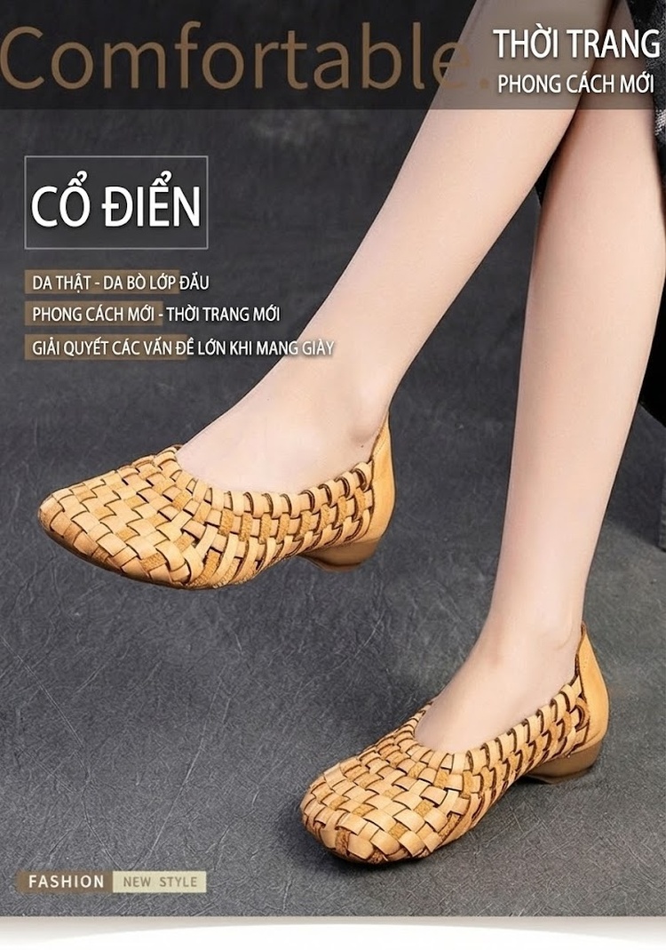 Dép Bệt Nữ Da Bò Đan Lưới Thủ Công Đế Cao 3cm - 4cm Màu Nâu, Vàng chi tiết 1