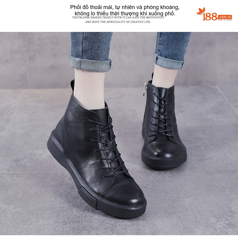 Boot Nữ Da Bò Cổ Lửng Khóa Bên Hông Chiều Cao Đế Khoảng 3cm Màu Đen, Nâu chi tiết 15