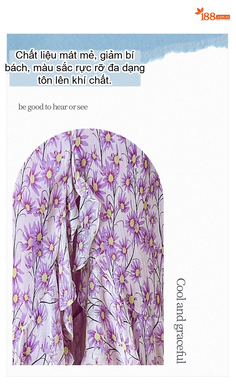 Váy liền thân Nữ Hoa Nhí Bèo Nhún Dáng Dài Xẻ Tà Chất Liệu Voan Màu Tím chi tiết 4
