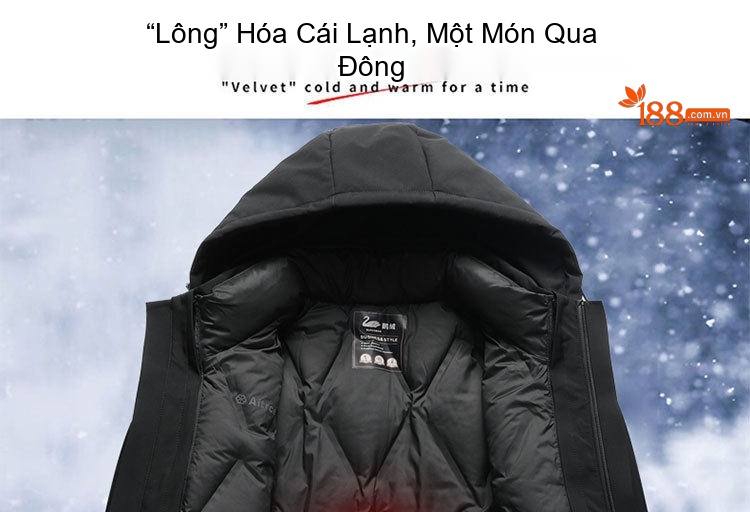 Áo Khoác Phao Nam Lông Vũ Dáng Dài Có Mũ Trùm Đầu Màu Đen, Xanh Navy chi tiết 3