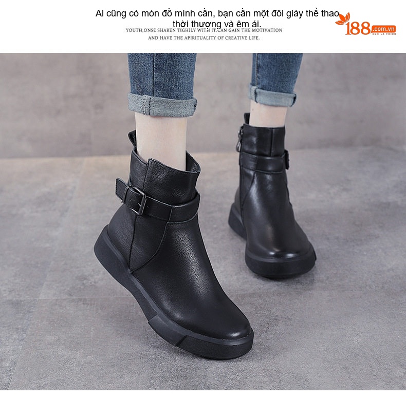 Boot Nữ Da Thật Martin Cổ Ngắn Khóa Đai Phong Cách Anh Chiều Cao Đế Khoảng 3cm Màu Đen chi tiết 13