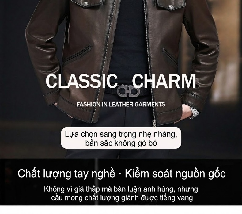 Áo Khoác Da Nam Da Thật Da Cừu Cổ Bẻ Kiểu Ngắn Màu Nâu chi tiết 2