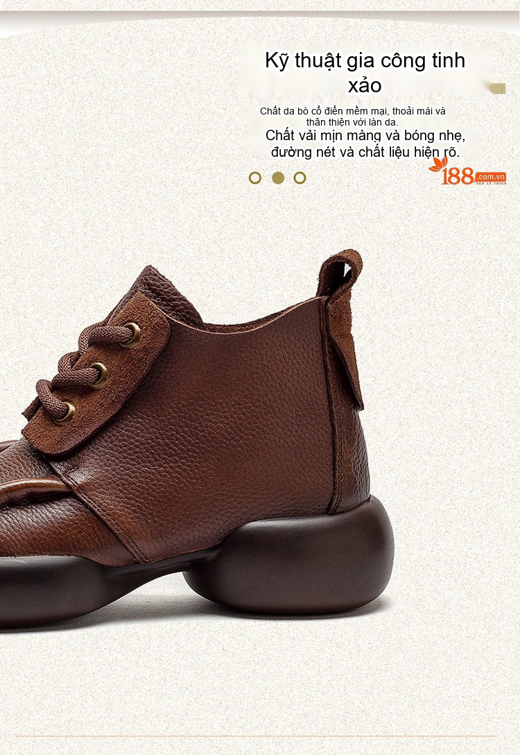 Giày Boot Nữ Cao Cổ Da Bò Buộc Dây Phong Cách Retro Chiều Cao Đế Khoảng 5cm Màu Nâu, Đen chi tiết 2