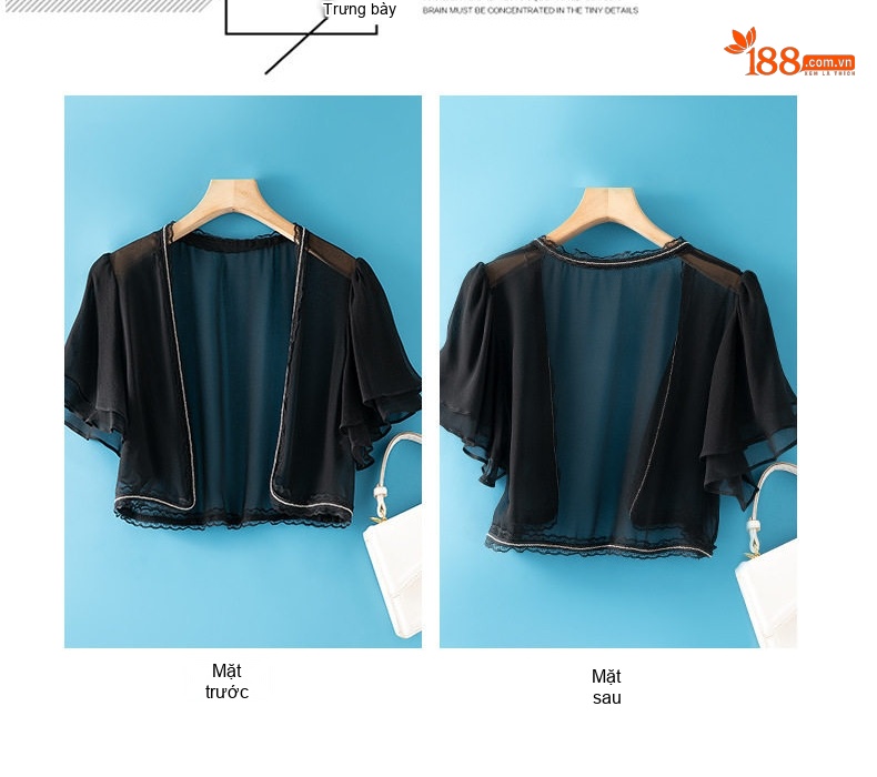 Áo Khoác Cardigan Nữ Mỏng Vải Lụa Tơ Tằm Chống Nắng Họa Tiết Ren Ngắn Tay Màu Đen chi tiết 4