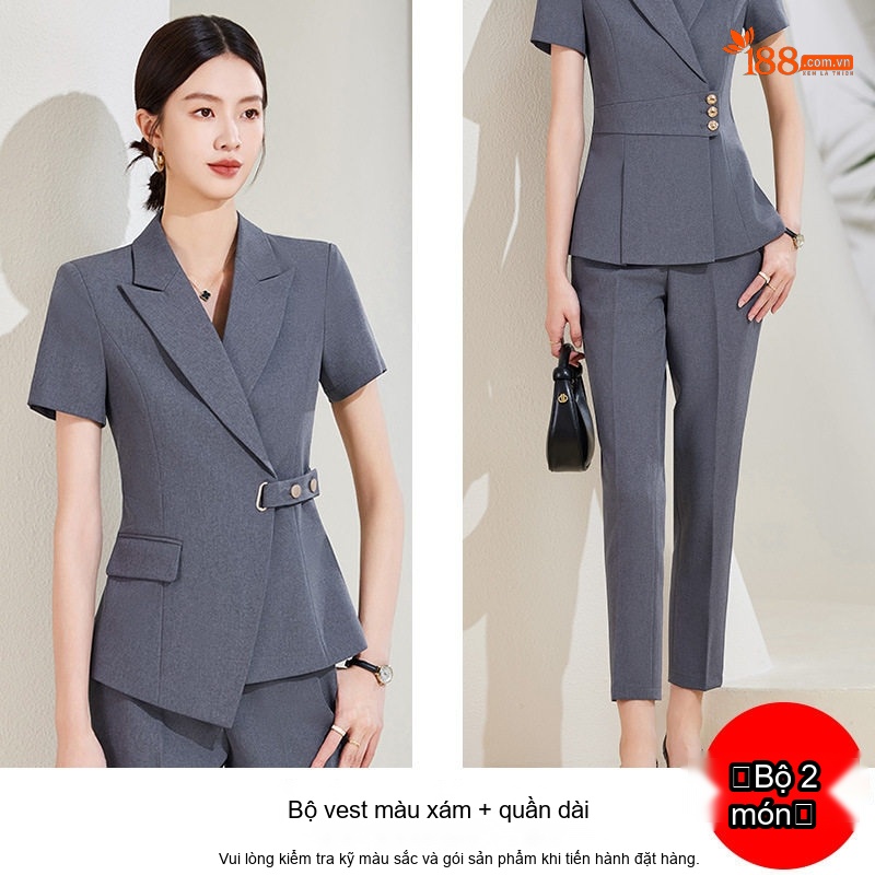 Bộ Vest Nữ Tay Ngắn Quần Dài Công Sở Thanh Lịch Màu Xám, Kem, Đen, Xanh Navy