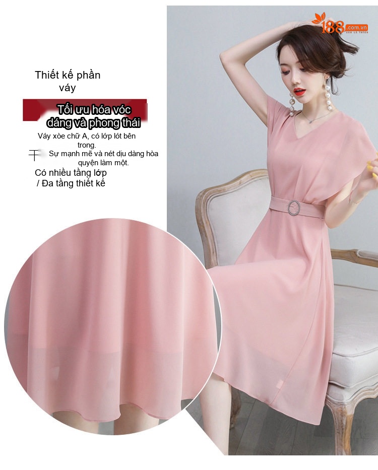 Váy Liền Thân Nữ Cổ chữ V Tay Ngắn Thanh Lịch Màu Đen, Tím, Hồng chi tiết 13