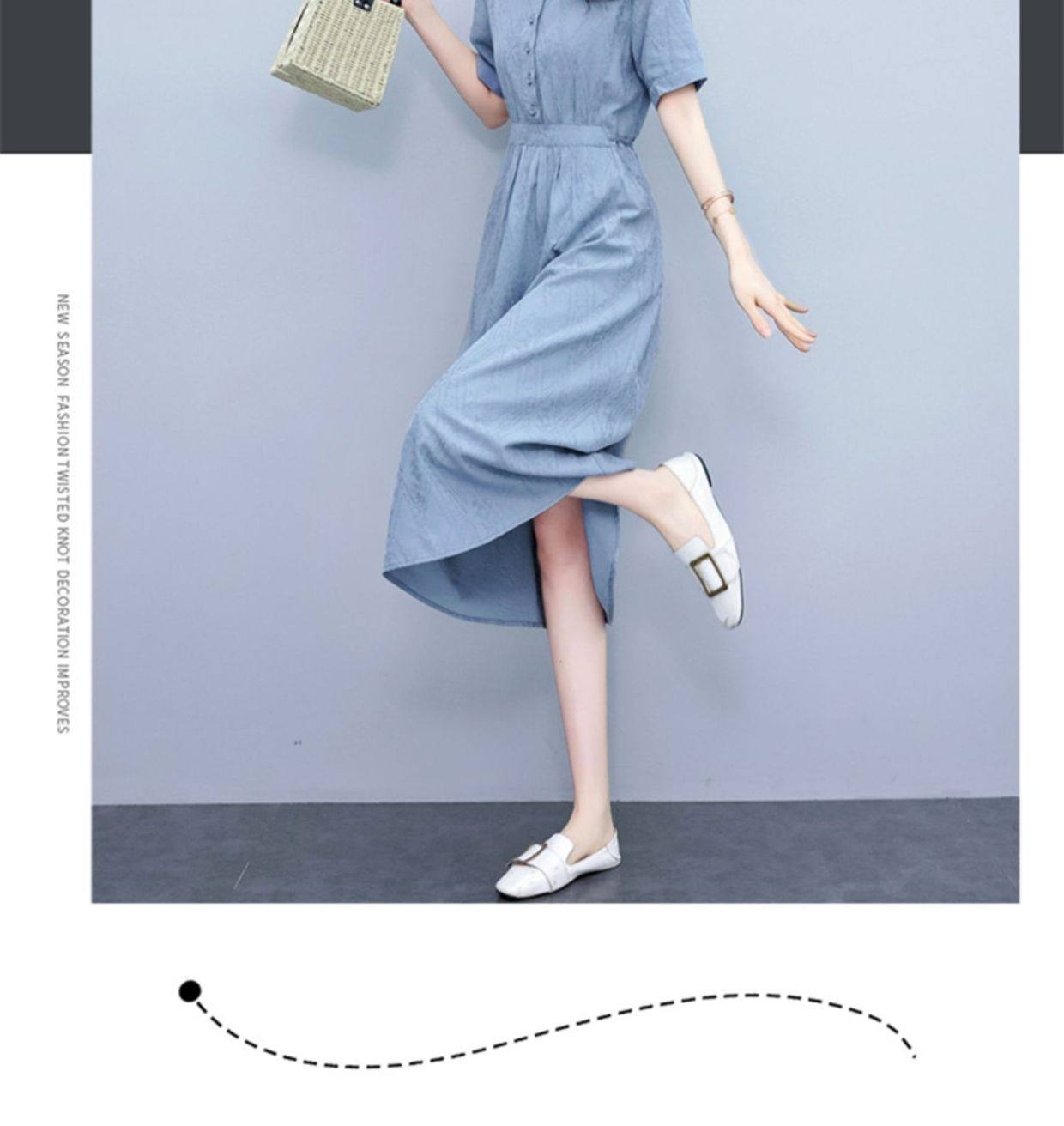 Váy Midi Nữ Cotton Linen Thiết Kế dáng chữ A Che Bụng, Eo Thon Gọn Màu Hồng, Xanh Dương chi tiết 4