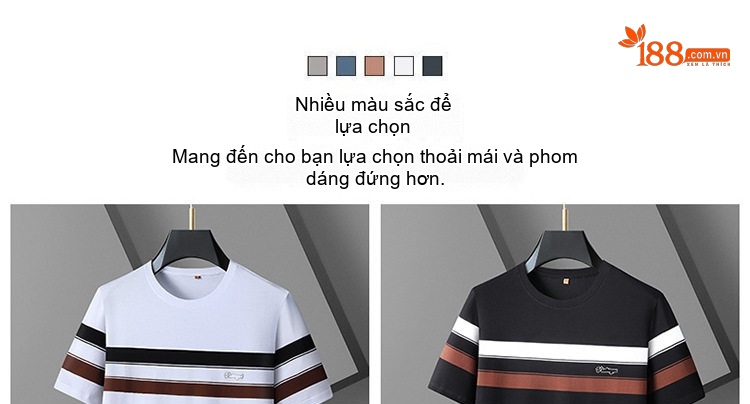 Áo Thun Nam Cotton Sọc Ngắn Tay Cổ Tròn Form Rộng Màu Đen, Nâu, Trắng chi tiết 2