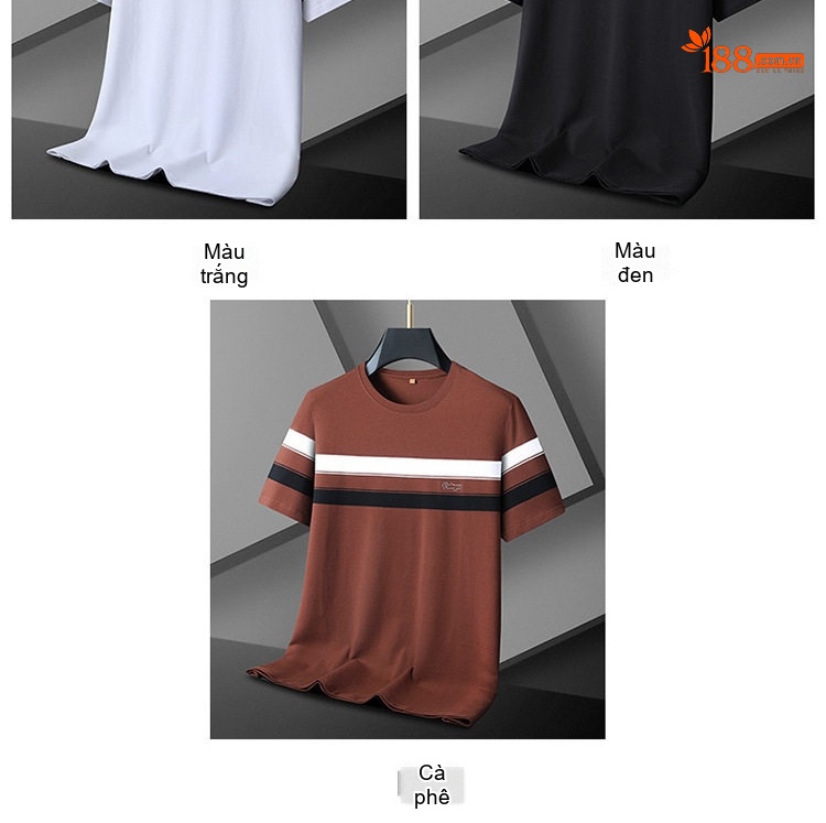 Áo Thun Nam Cotton Sọc Ngắn Tay Cổ Tròn Form Rộng Màu Đen, Nâu, Trắng chi tiết 3