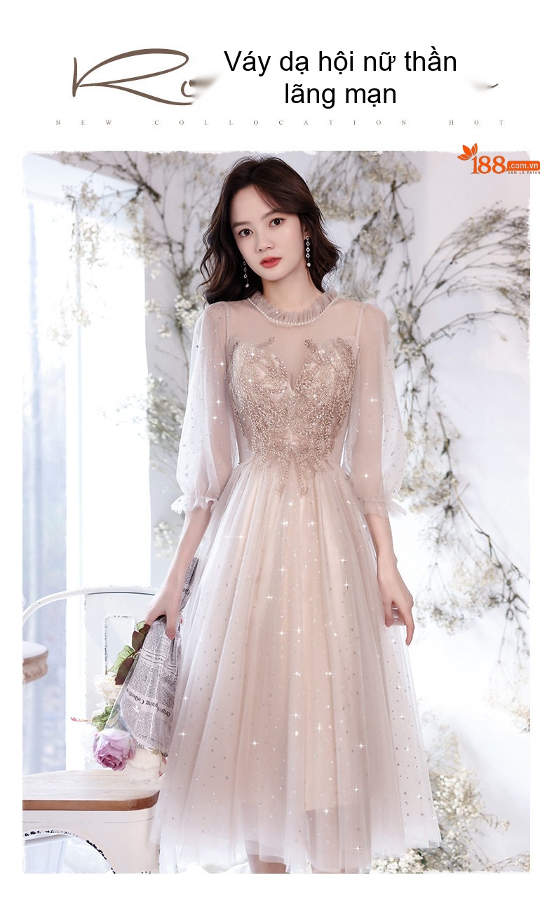 Váy Dự Tiệc dáng chữ A Tay Lỡ Chất Voan Thêu Hoa Phong Cách Tiên Nữ Màu Be, Đỏ chi tiết 1