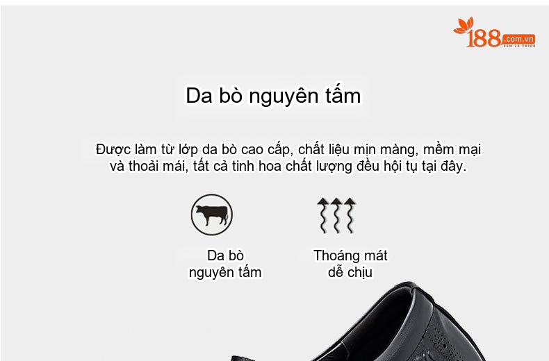 Giày Tây Buộc Dây Nam Da Bò Brogue Chiều Cao Đế 6cm Màu Đen chi tiết 9