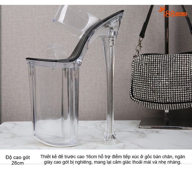 Dép Cao Gót Nữ Hai Quai Trong Suốt Chiều Cao Đế 26cm Màu Đen, Đỏ, Trắng, Hồng... chi tiết 4