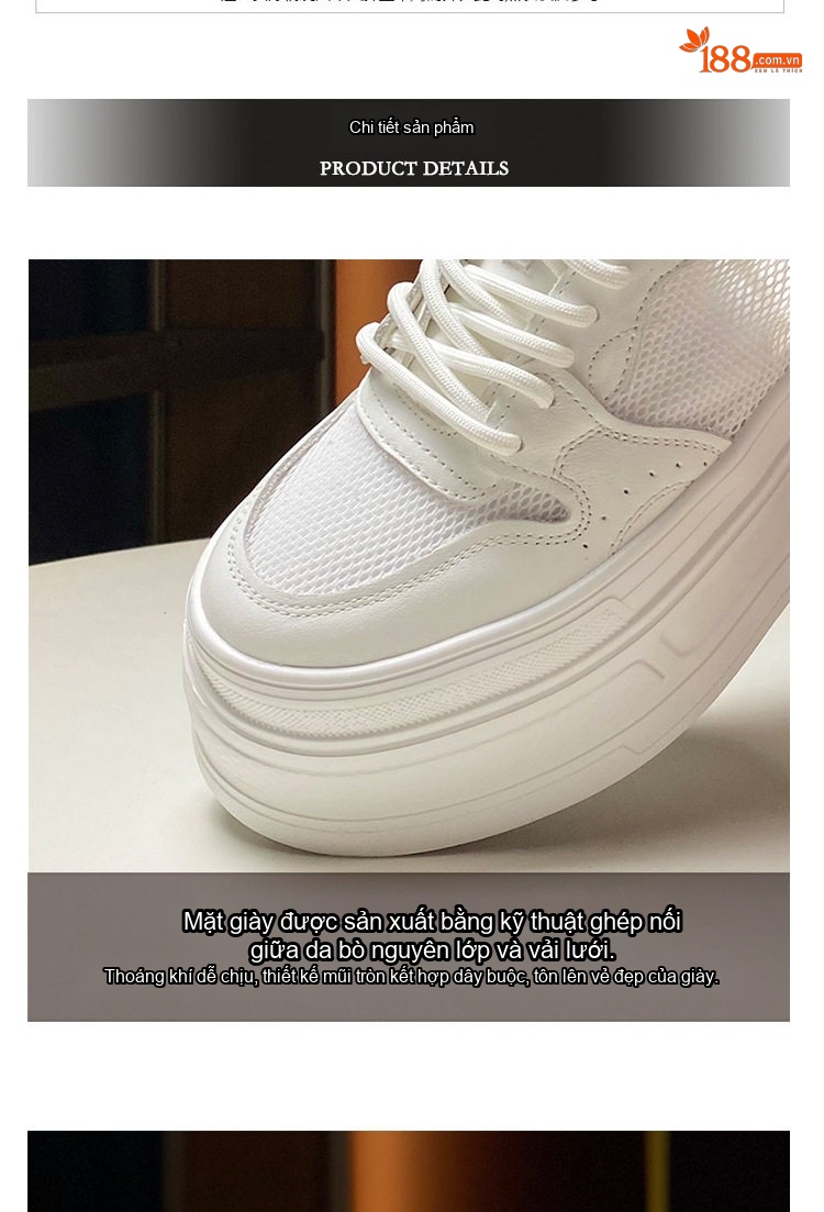 Giày Sneaker Nữ Da Bò Lớp Đầu Vải Lưới Chiều Cao Đế 7cm Màu Trắng chi tiết 5